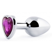 Серебристая анальная пробка с фиолетовым кристаллом-сердечком - 8 см. - Anal Jewelry Plug - купить с доставкой в Смоленске
