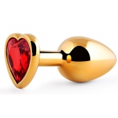 Золотистая анальная пробка с красным стразом-сердечком - 8 см. - Anal Jewelry Plug - купить с доставкой в Смоленске