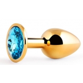 Золотистая анальная пробка с голубым стразом - 7,2 см. - Anal Jewelry Plug - купить с доставкой в Смоленске