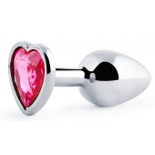Серебристая анальная пробка с розовым кристаллом-сердечком - 7 см. - Anal Jewelry Plug - купить с доставкой в Смоленске