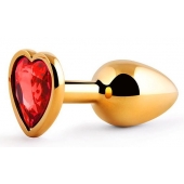 Золотистая анальная пробка с красным стразом-сердечком - 7 см. - Anal Jewelry Plug - купить с доставкой в Смоленске