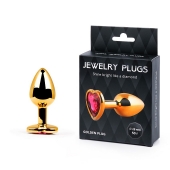 Золотистая анальная пробка с малиновым кристаллом-сердечком - 7 см. - Anal Jewelry Plug - купить с доставкой в Смоленске