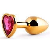 Золотистая анальная пробка с малиновым кристаллом-сердечком - 7 см. - Anal Jewelry Plug - купить с доставкой в Смоленске
