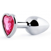 Серебристая анальная пробка с малиновым кристаллом-сердечком - 7 см. - Anal Jewelry Plug - купить с доставкой в Смоленске