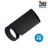 Черная открытая насадка на пенис с кольцом для мошонки XXL-size - 9,4 см. - Sex Expert - в Смоленске купить с доставкой