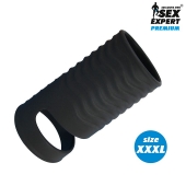 Черная открытая насадка на пенис с кольцом для мошонки XXXL-size - 9,9 см. - Sex Expert - в Смоленске купить с доставкой
