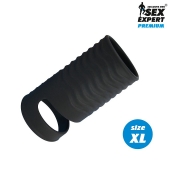 Черная открытая насадка на пенис с кольцом для мошонки XL-size - 8,9 см. - Sex Expert - в Смоленске купить с доставкой