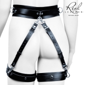 Черный кожаный пояс с гартерами - L-XL - Notabu - купить с доставкой в Смоленске