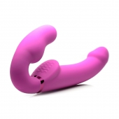 Розовый безремневой страпон с вибрацией и функцией расширения Inflatable Ergo-Fit Strapless Strap-On - XR Brands - купить с доставкой в Смоленске
