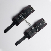 Черные кожаные наручники с красной строчкой - Crazy Handmade - купить с доставкой в Смоленске