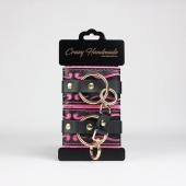 Черные кожаные наручники с розовой строчкой - Crazy Handmade - купить с доставкой в Смоленске