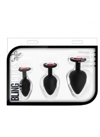 Набор черных анальных пробок с красным кристаллом-сердечком Bling Plugs Training Kit - Blush Novelties - купить с доставкой в Смоленске