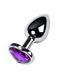 Серебристая коническая анальная пробка с фиолетовым кристаллом-сердечком - 7 см. - ToyFa - купить с доставкой в Смоленске