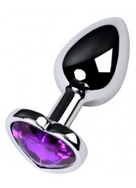 Серебристая коническая анальная пробка с фиолетовым кристаллом-сердечком - 7 см. - ToyFa - купить с доставкой в Смоленске
