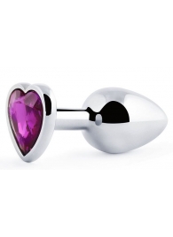 Серебристая анальная пробка с фиолетовым кристаллом-сердечком - 8 см. - Anal Jewelry Plug - купить с доставкой в Смоленске