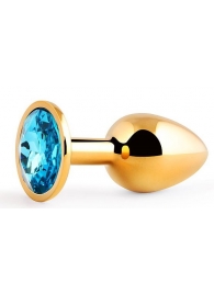 Золотистая анальная пробка с голубым стразом - 7,2 см. - Anal Jewelry Plug - купить с доставкой в Смоленске