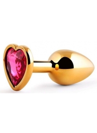 Золотистая анальная пробка с малиновым кристаллом-сердечком - 7 см. - Anal Jewelry Plug - купить с доставкой в Смоленске