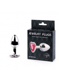 Серебристая анальная пробка с малиновым кристаллом-сердечком - 7 см. - Anal Jewelry Plug - купить с доставкой в Смоленске