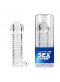 Прозрачная рельефная насадка-реалистик с петлей для мошонки - 13,5 см. - Sex Expert - в Смоленске купить с доставкой