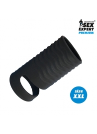 Черная открытая насадка на пенис с кольцом для мошонки XXL-size - 9,4 см. - Sex Expert - в Смоленске купить с доставкой
