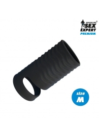 Черная открытая насадка на пенис с кольцом для мошонки size M - 7,9 см. - Sex Expert - в Смоленске купить с доставкой