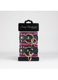 Черные кожаные наручники с розовой строчкой - Crazy Handmade - купить с доставкой в Смоленске