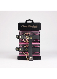 Черные кожаные оковы с розовой строчкой - Crazy Handmade - купить с доставкой в Смоленске