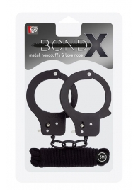 Чёрные наручники из листового металла в комплекте с веревкой BONDX METAL CUFFS LOVE ROPE SET - Dream Toys - купить с доставкой в Смоленске