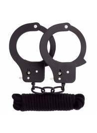 Чёрные наручники из листового металла в комплекте с веревкой BONDX METAL CUFFS LOVE ROPE SET - Dream Toys - купить с доставкой в Смоленске