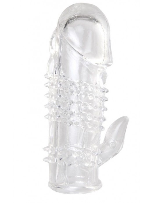 Прозрачная гелевая насадка с шипами и клиторальным отростком - 13 см. - Toyfa Basic - в Смоленске купить с доставкой