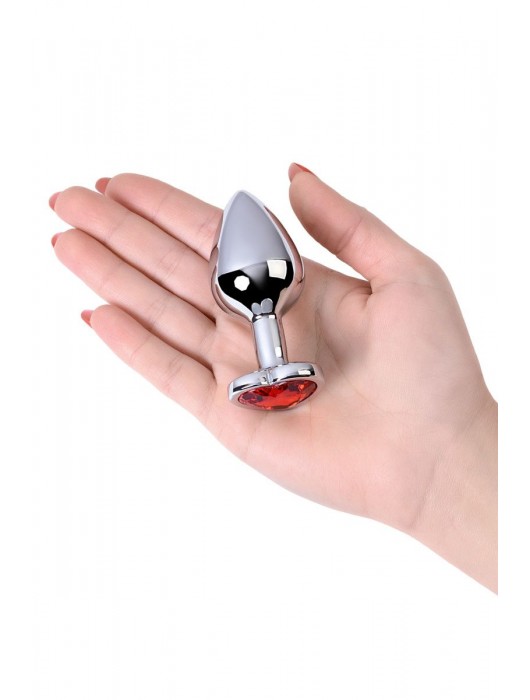 Серебристая коническая анальная пробка с красным кристаллом-сердечком - 7 см. - ToyFa - купить с доставкой в Смоленске