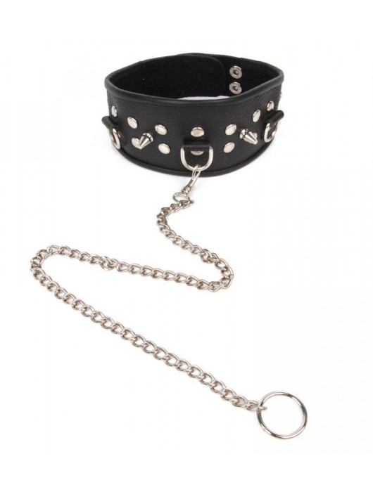 Черный ошейник с шипами и металлическим поводком-цепочкой - Notabu - купить с доставкой в Смоленске