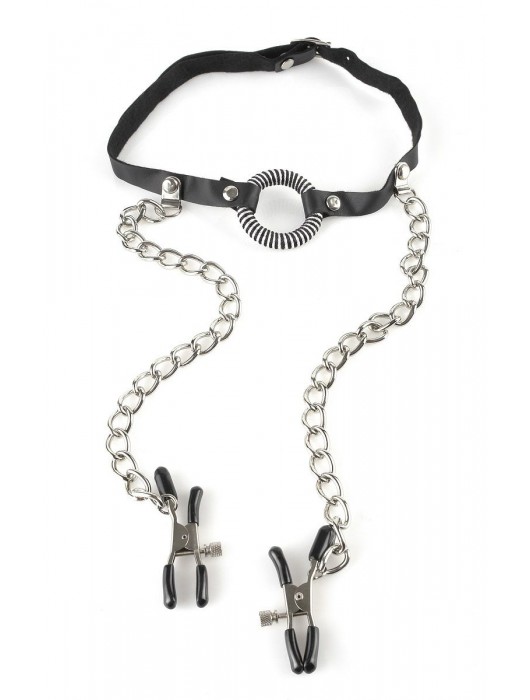 Кляп, соединенный цепочкой с клипсами для сосков - Pipedream - купить с доставкой в Смоленске