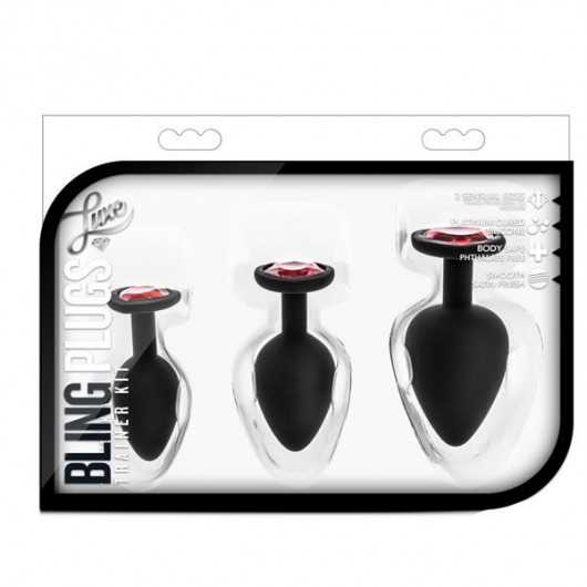 Набор черных анальных пробок с красным кристаллом-сердечком Bling Plugs Training Kit - Blush Novelties - купить с доставкой в Смоленске