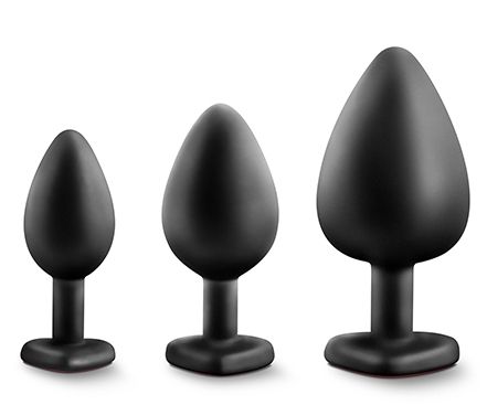 Набор черных анальных пробок с красным кристаллом-сердечком Bling Plugs Training Kit - Blush Novelties - купить с доставкой в Смоленске