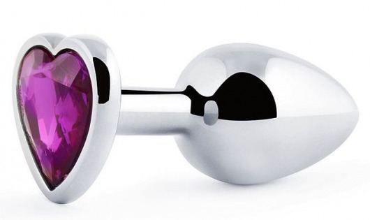 Серебристая анальная пробка с фиолетовым кристаллом-сердечком - 8 см. - Anal Jewelry Plug - купить с доставкой в Смоленске