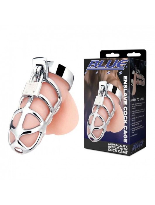 Серебристая металлическая клетка для члена с замком Enslave Cock Cage - BlueLine - купить с доставкой в Смоленске