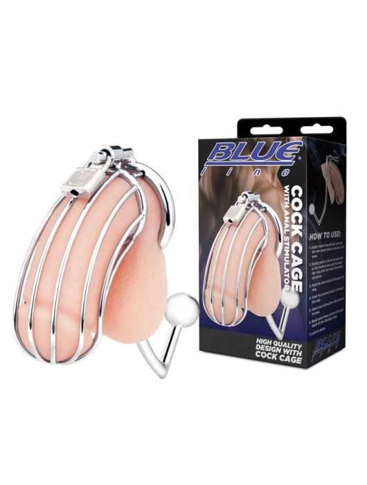 Серебристая металлическая клетка с анальным стимулятором Cock Cage - BlueLine - купить с доставкой в Смоленске