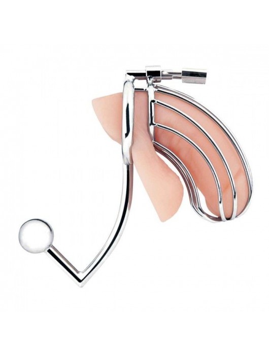 Серебристая металлическая клетка с анальным стимулятором Cock Cage - BlueLine - купить с доставкой в Смоленске