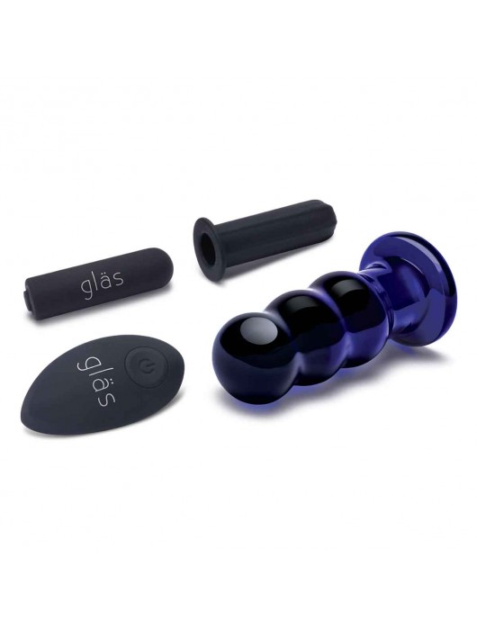 Синий стеклянный анальный стимулятор на дистанционном управлении Beaded Buttplug - Glas