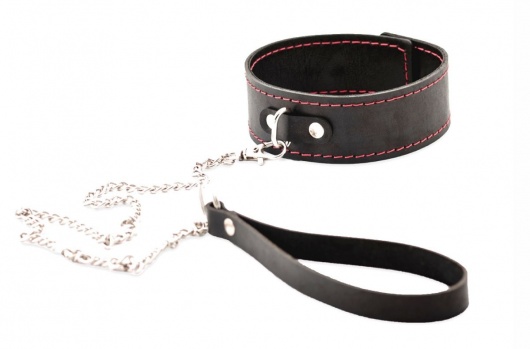 Черный широкий ошейник с красной строчкой и поводком - Crazy Handmade - купить с доставкой в Смоленске