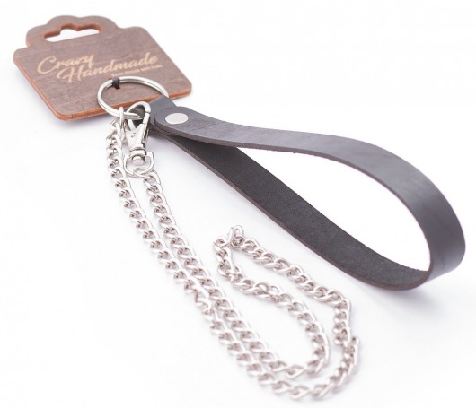 Серебристый металлический поводок с кожаной черной ручкой - 80 см. - Crazy Handmade - купить с доставкой в Смоленске