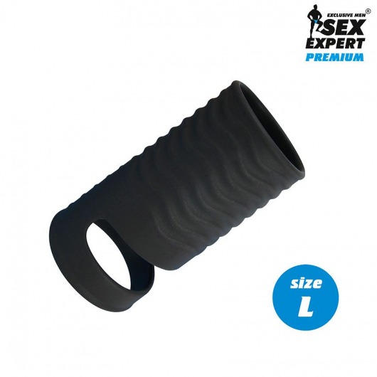 Черная открытая насадка на пенис с кольцом для мошонки L-size - 8,5 см. - Sex Expert - в Смоленске купить с доставкой