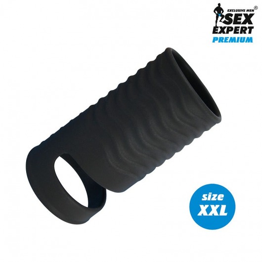 Черная открытая насадка на пенис с кольцом для мошонки XXL-size - 9,4 см. - Sex Expert - в Смоленске купить с доставкой