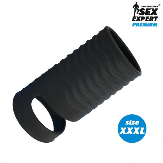 Черная открытая насадка на пенис с кольцом для мошонки XXXL-size - 9,9 см. - Sex Expert - в Смоленске купить с доставкой