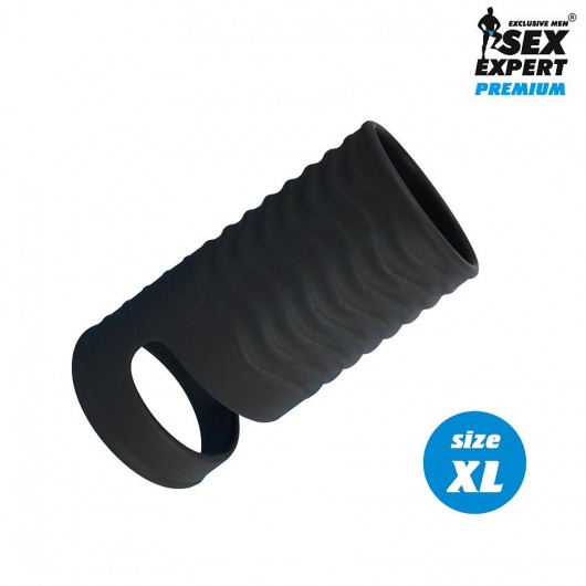 Черная открытая насадка на пенис с кольцом для мошонки XL-size - 8,9 см. - Sex Expert - в Смоленске купить с доставкой