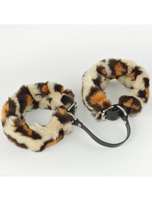 Черные кожаные оковы со съемной леопардовой опушкой - Sitabella - купить с доставкой в Смоленске