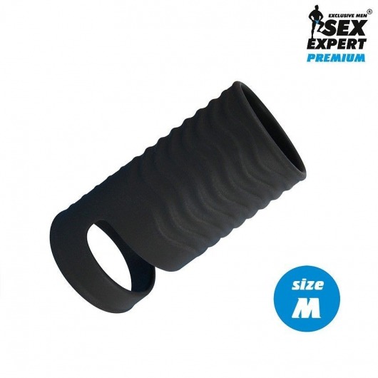 Черная открытая насадка на пенис с кольцом для мошонки size M - 7,9 см. - Sex Expert - в Смоленске купить с доставкой