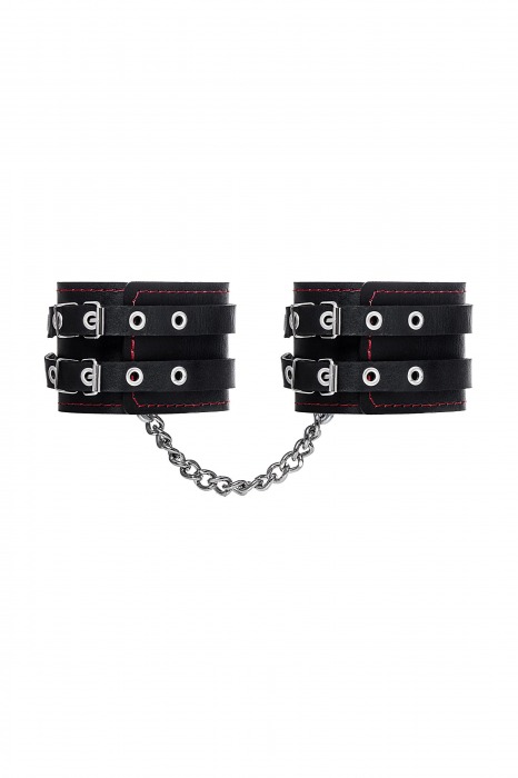 Черные кожаные оковы с двумя ремнями и контрастной строчкой - Pecado - купить с доставкой в Смоленске