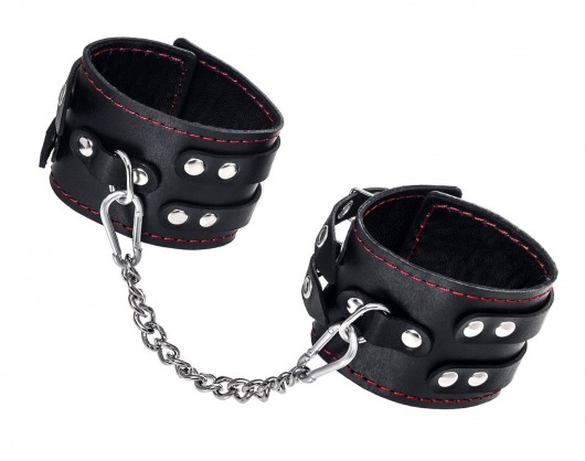 Черные кожаные оковы с двумя ремнями и контрастной строчкой - Pecado - купить с доставкой в Смоленске